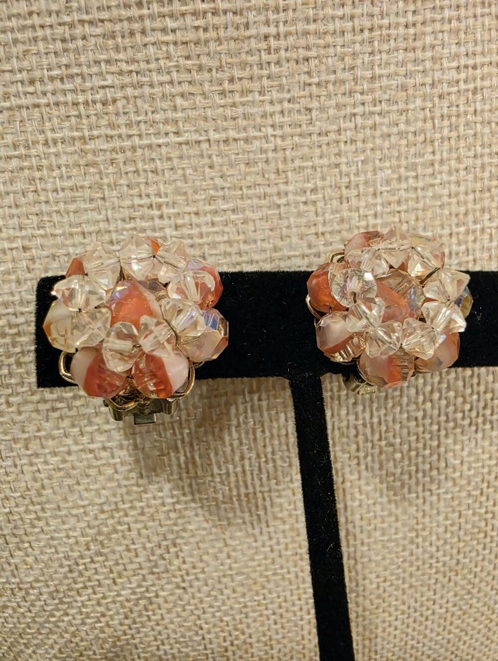 Vintage Alice Caviness Tangerine & Clear Glass Cluster AB Coated ClipOn Earrings
